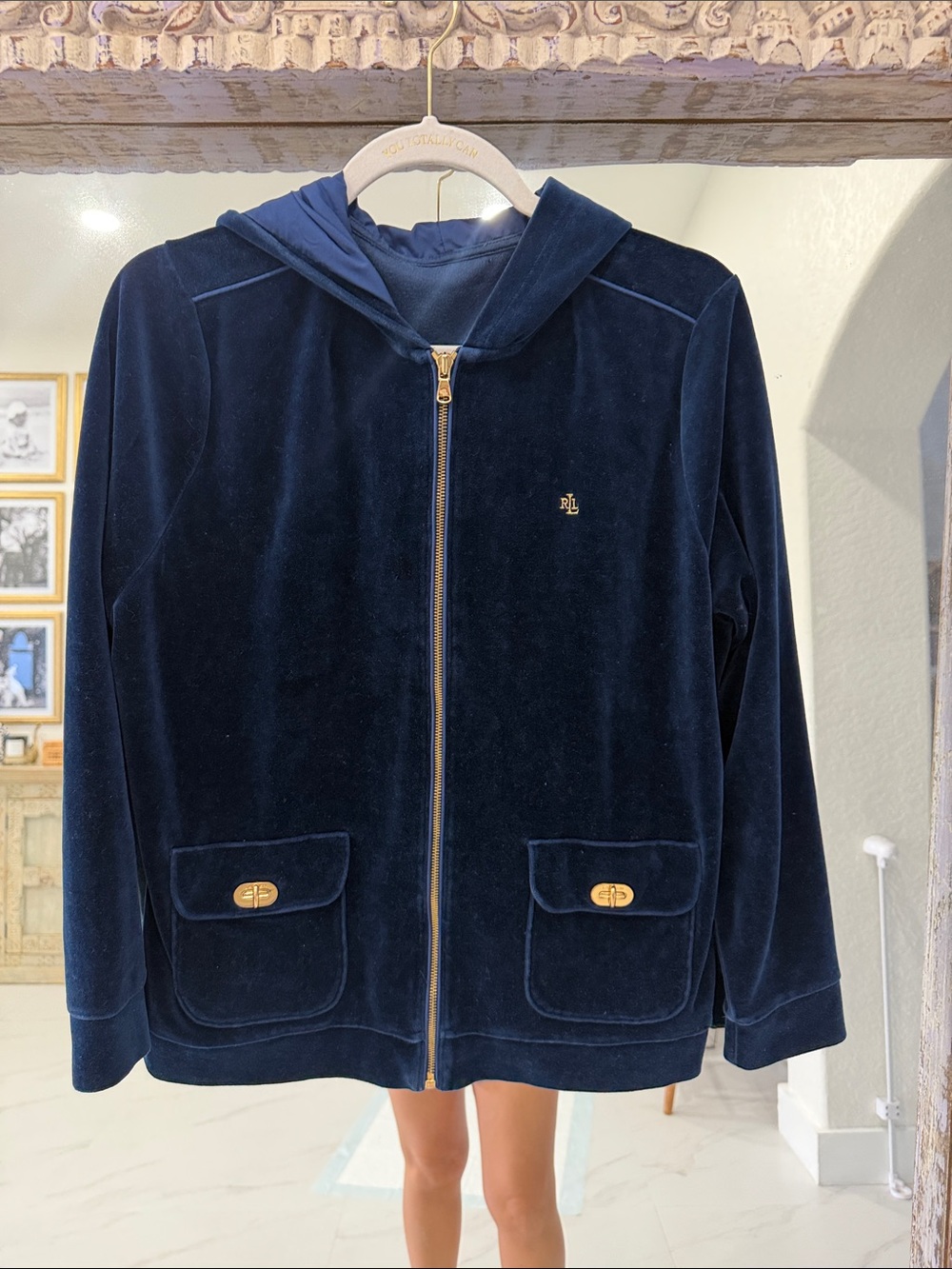 Ralph Lauren Navy Velour Hooded Zip Jacket with Gold Hardware